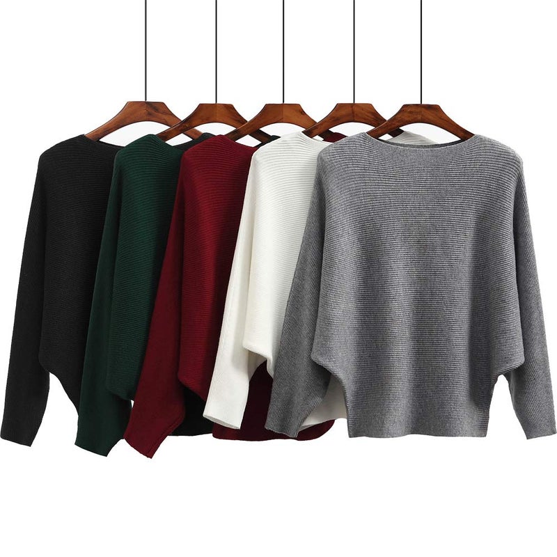 Ckikiou Womens Lightweight Oversized Boat Neck Sweaters Tops Dolman Batwing Sleeve Ribbed Knitted Pullovers Red - Image 2